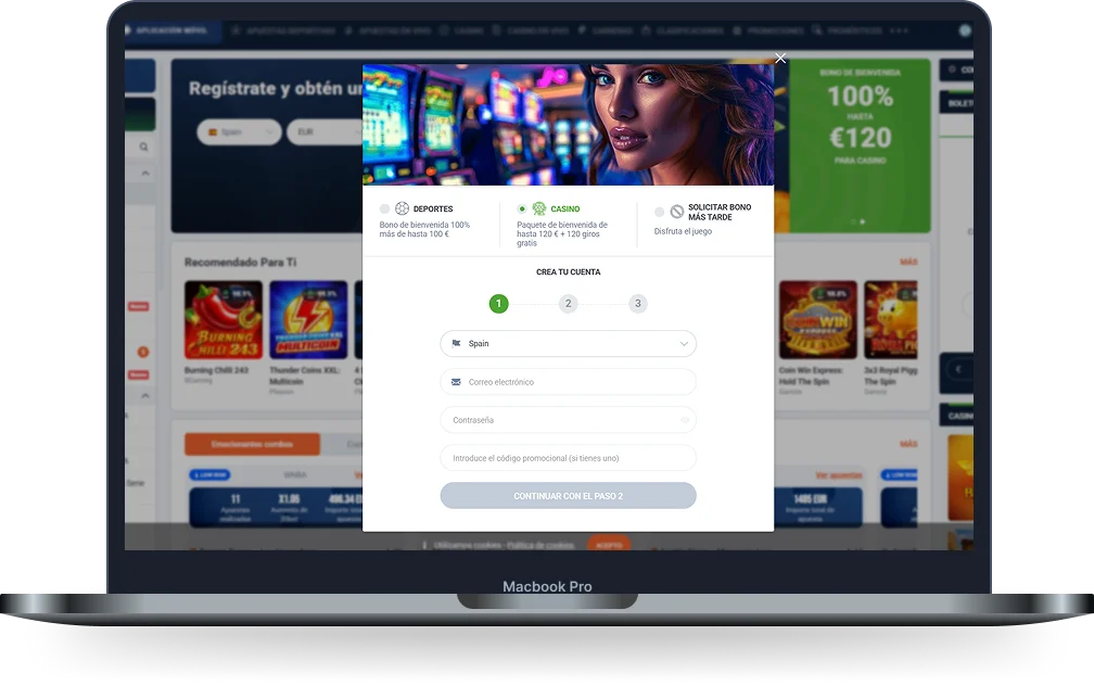 20Bet Casino formulario de registro con bono de bienvenida en la versión para ordenador
